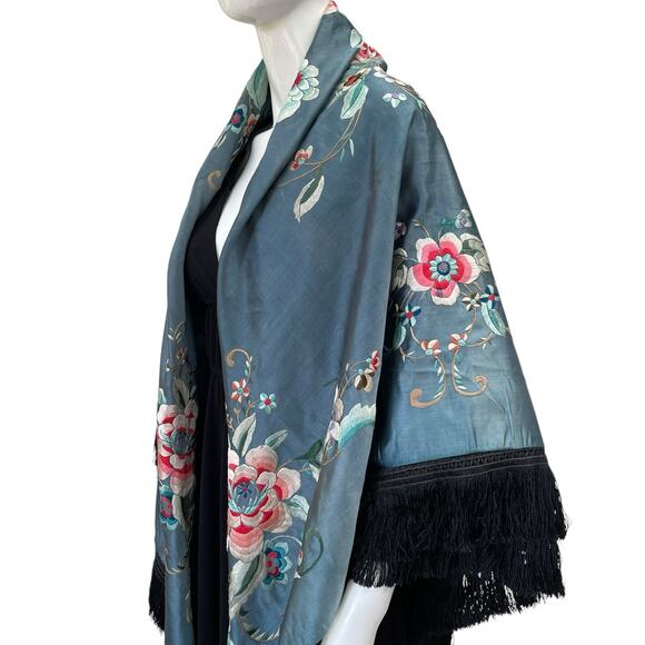 LARGE 1930s Antique Embroidered Silk Piano Shawl Blue and  19th C. Victorian Embroidered Silk Piano Shawl Cerulean Blue, Antique 1800’s